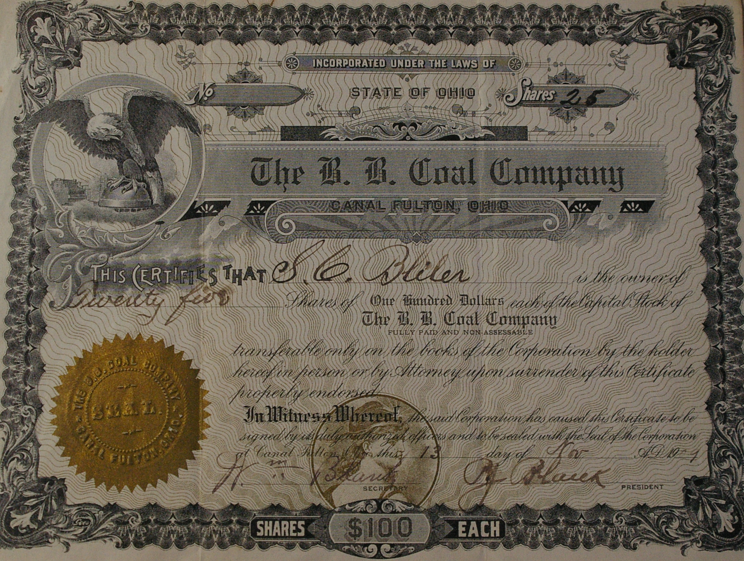 B & B Coal Stock Certificate
